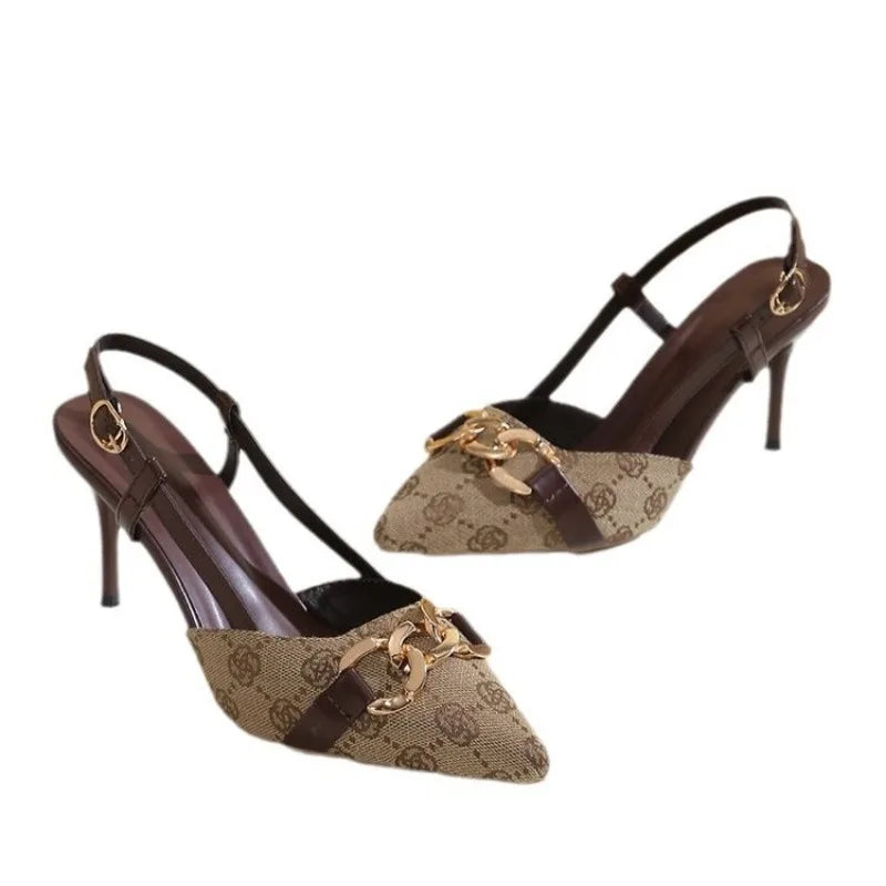 2025 Women's Fashion Baotou Sandals Spring New Pointed Head Shallow Mouth Metal Buckle Anti-slip Wear-resistant High Heels