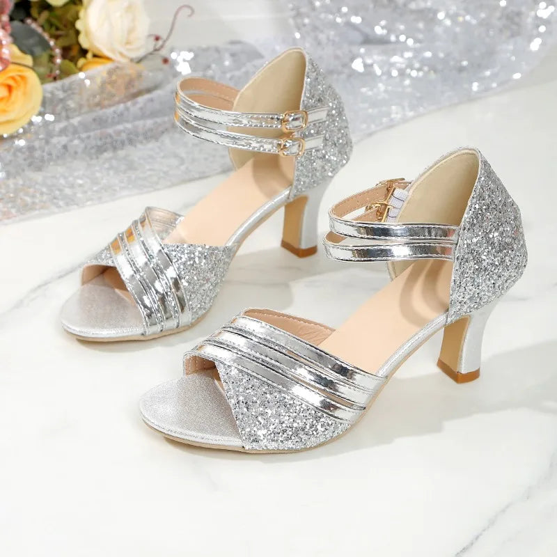 Fall New Round Toe Open Toe Sequin Anti-Slip Wear-Resistant High Heels Fish Mouth Stiletto Sandals