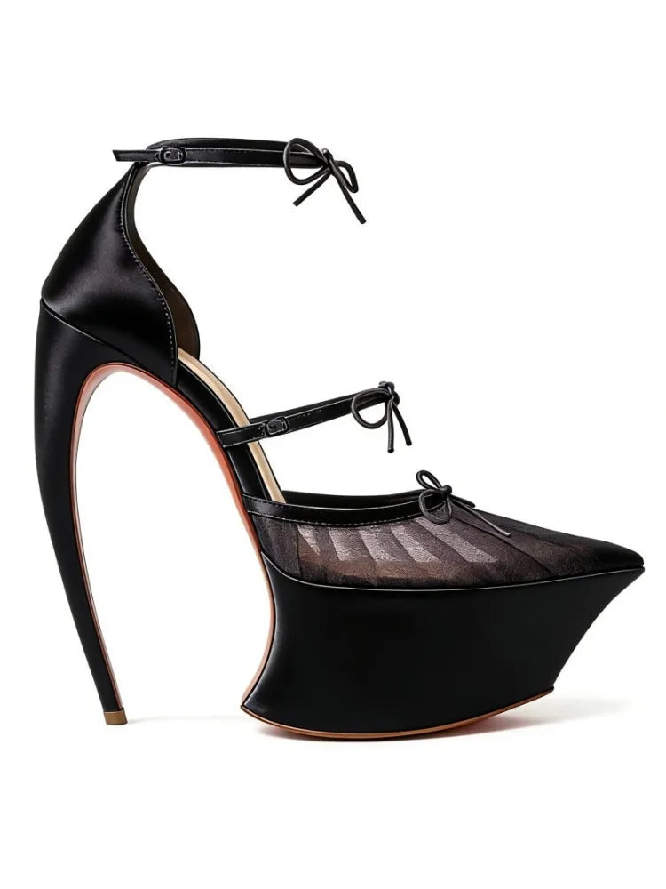 Spring/Summer New Pointed Stiletto High Heels Thick Bottom Ballet Sandals Bow Fashion Show Wedding Party Women's High Heels