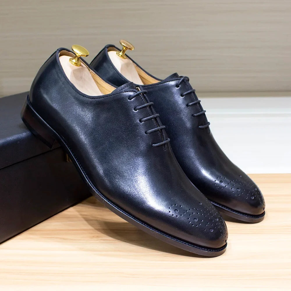 Genuine Leather Mens Formal Shoes Handmade Classic Whole Cut Oxfords Business Lace-up Plain Toe Wedding Dress Shoes for Men