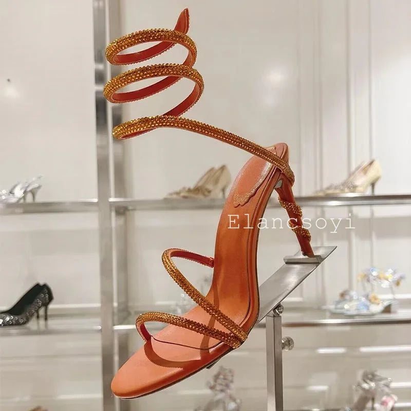 Thin Heels Gladiator Sandals Women's Shiny Rhinestone Ankle Snake Shaped Winding Party Shoes Summer Fashion High Heels Sandalias