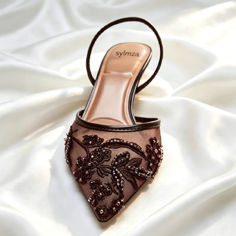 Mesh Embroider String Bead Detail High Heels Women Sexy Brown Pointed Toe Back Strap Heeled Sandals Summer Elegant Women Shoes