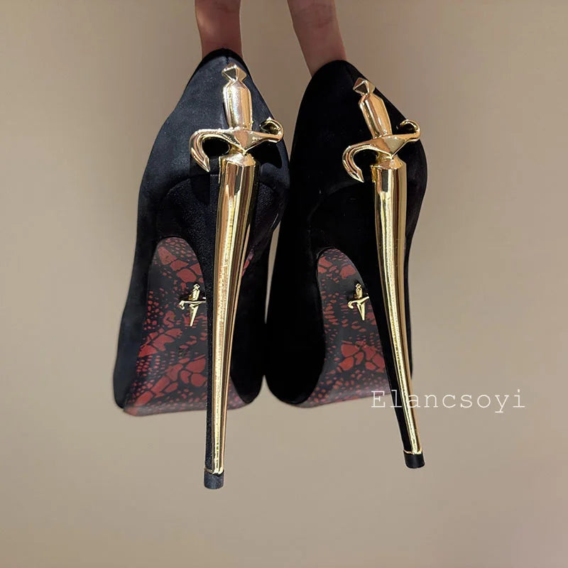 Women Pumps Real Leather Metal Sword Pointed Toe High Heel Shallow Mouth Thin Heel Single Shoes Spring Autumn Sexy Runway Shoes