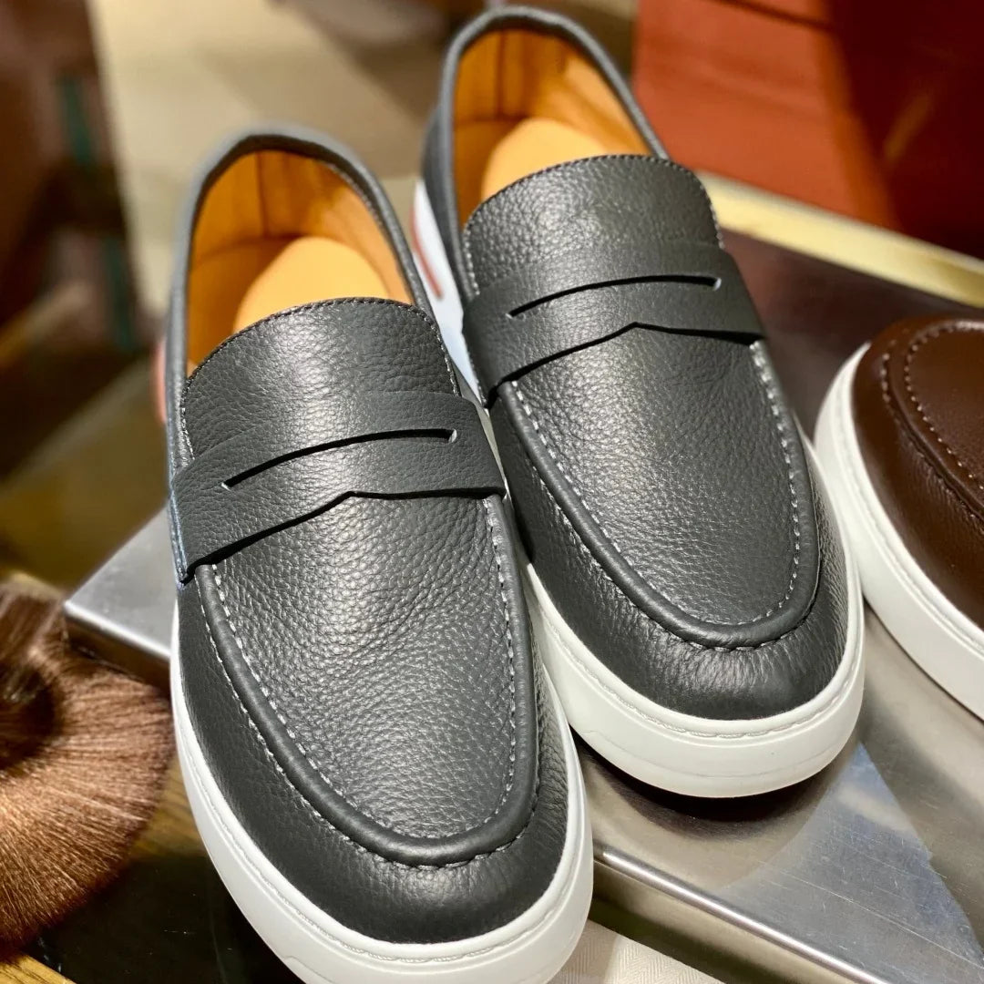 2026 New Men Genuine Grain Leather Penny Loafers Slip On Platform Non Slip Soft Sole Business Casual Driving Daily Walking Shoes