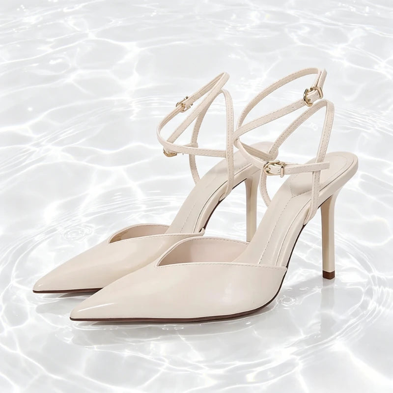 Elegant Pointed Toe Ankle Strap Brand Pumps Women High Quality Patent Leather Buckle Thin Heel Slide Sandals Banquet Dress Shoes