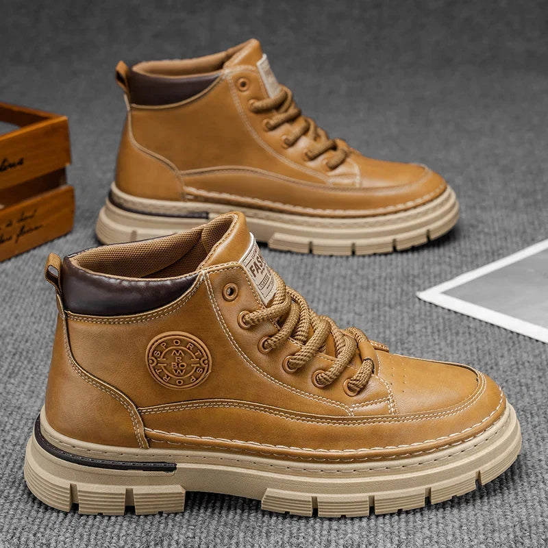Men's High Top Leather Shoes Work Yellow Boots Thick Bottom Casual Boots Fashion Outdoor Hiking Shoes Mens Boots