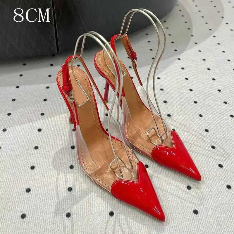 2026 New Pointy Peach Heart Fine Heel Shoes Sexy Pvc Transparent Film Black Patent Leather High Heel Overhead Sandals