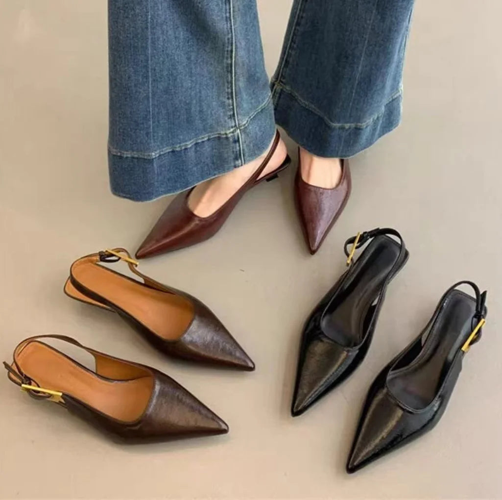 2025 Summer New Women Sandal Fashion Pointed Toe Shallow Slip on Ladies Elegant Slingback Shoes Thin Med Heel Dress Mules Pumps