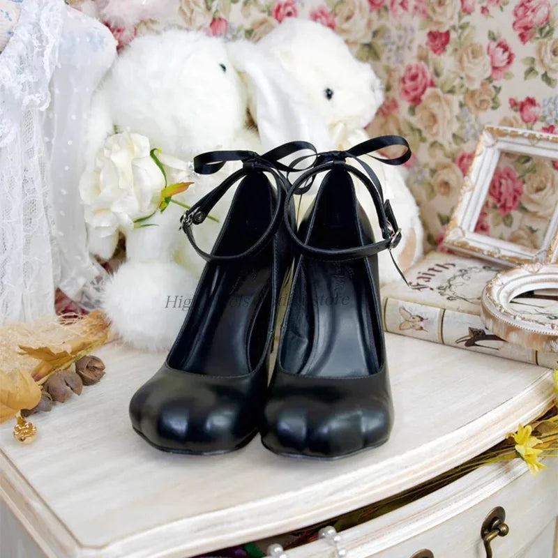 Women's Cat Paws leather High Heels black/pink/white Lolita 8.5cm pumps ankle straps party cute girl's Ballet Mary Jane shoes