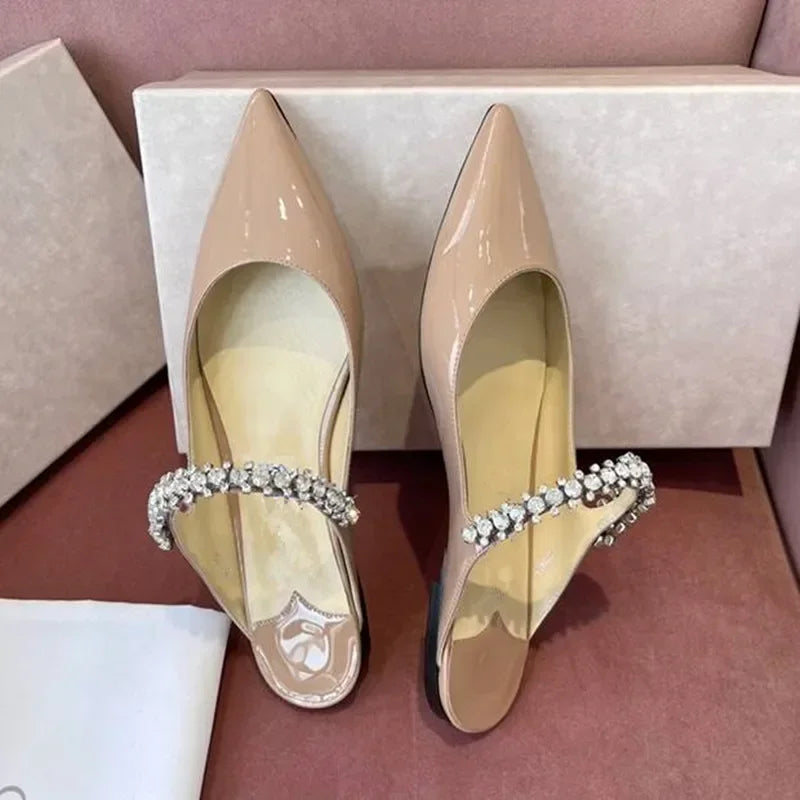 2026 New Fashionable Fine Heeled Muller Shoes with Pointed Water Diamond Chain Banquet Shallow Mouth Women's High Heel Sandals