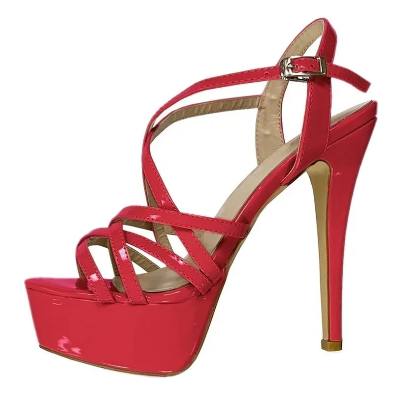 Women Sandals 14CM Super Sexy Platform High Heels Ankle Strap Sandals Open Toe Sanke Gladiator Party Dress Red Wedding Shoes