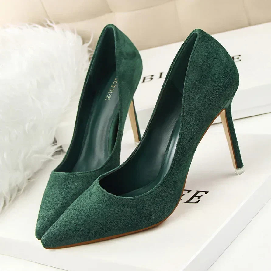 Women Elegant Flock Orange Purple Evening Banquet Party Pumps Lady Classic Scarpin New Burgundy 9cm High Heels Shoes Plus Size