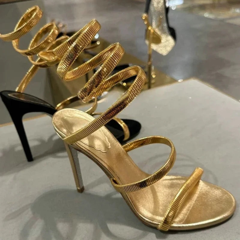 2026 Summer New Gold One-Line Strappy Sandals Women Snake Wrapped Sexy Square Head High Heels Stiletto Party Shoes