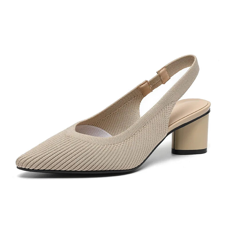 Sandals for Women Heels Knitted Rear Empty Strap Fashion Sandals Pointed Head Shallow Mouth Side Empty Daily Thick Heel Sandals