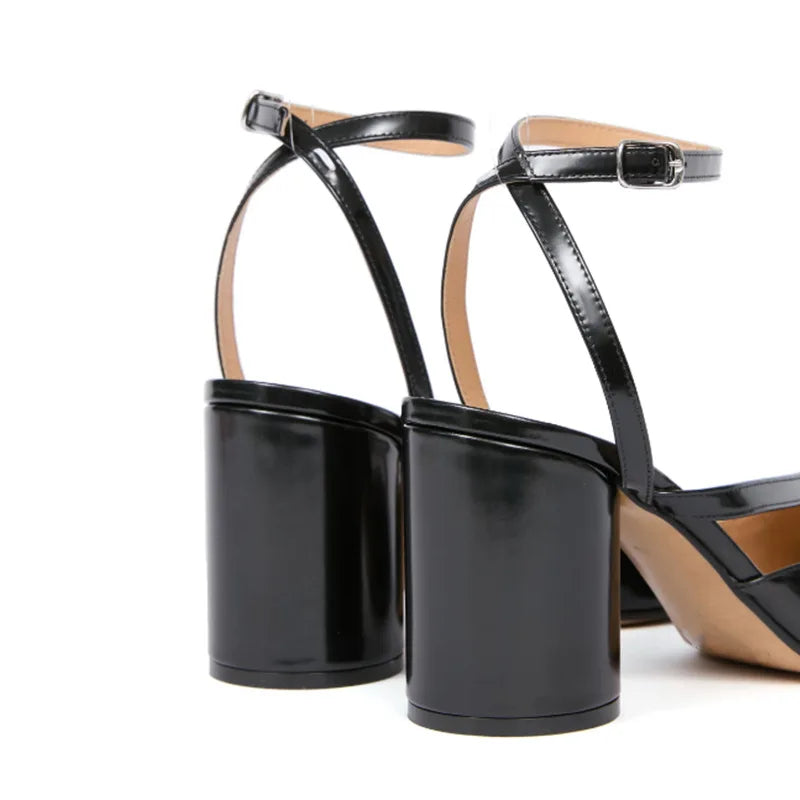 Ankle Strap Fashion Patent Leather Split Toe Women Spring Summer Round High heels Slingbacks Female Tabi Chunky Casual Shoes