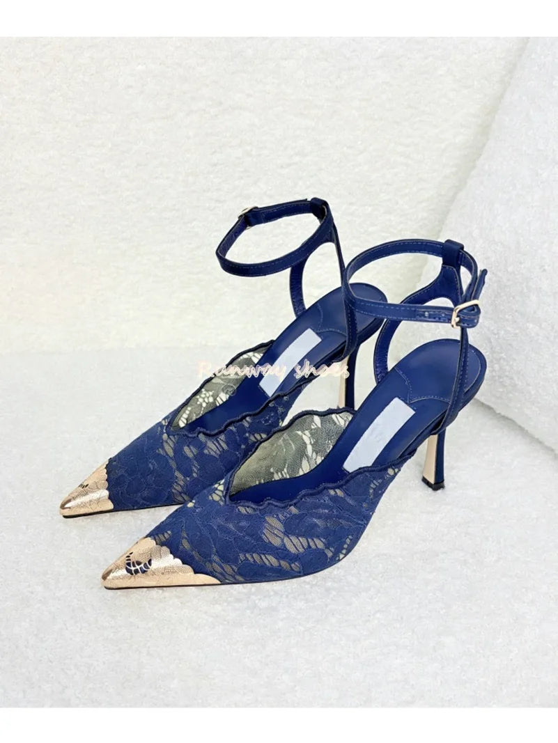 Pointed Color Blocking Lace is Breathable Women's Wedding Shoes Mesh One-strip Stilettos Luxury Women's Shoes Shallow Banquet Sh