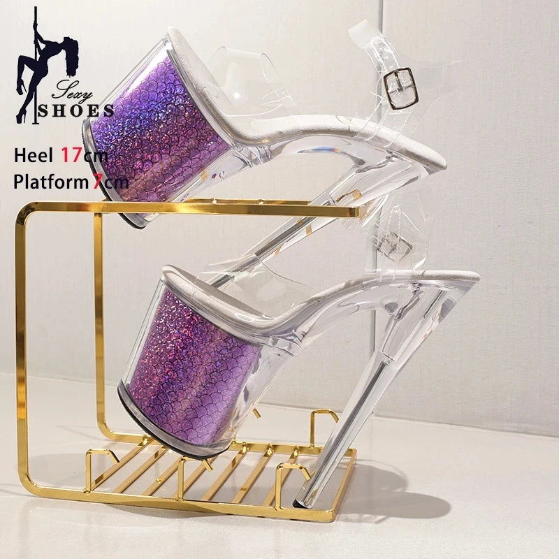 High-quality 17CM/7inches Women Sandals Stripper High Heel Shoes Transparent Platform Glitter Stiletto Pole Dance Shoes Wedding