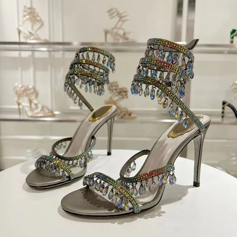 Sexy High Heels Gladiator Sandals Women Crystal String Bead Snake Twine Around Ankle Strap Wedding Shoes Summer Sandals Woman