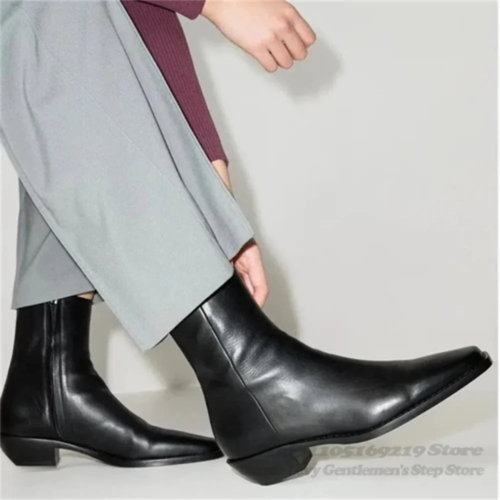 Wine Red Genuine Leather Mens Ankle Boot Pointed Toe Side Zipper Low Heel Handmade Solid Color Chelsea Boots Male Shoes