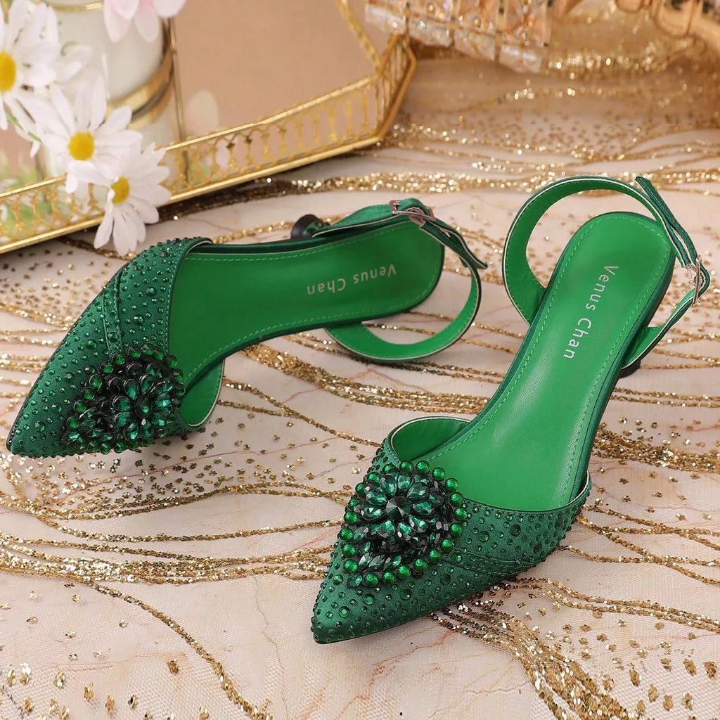 2025 Women's Green High Heels - Italy-Inspired Rhinestone Pointed-Toe Design for Gorgeous Parties | Plus Size Available