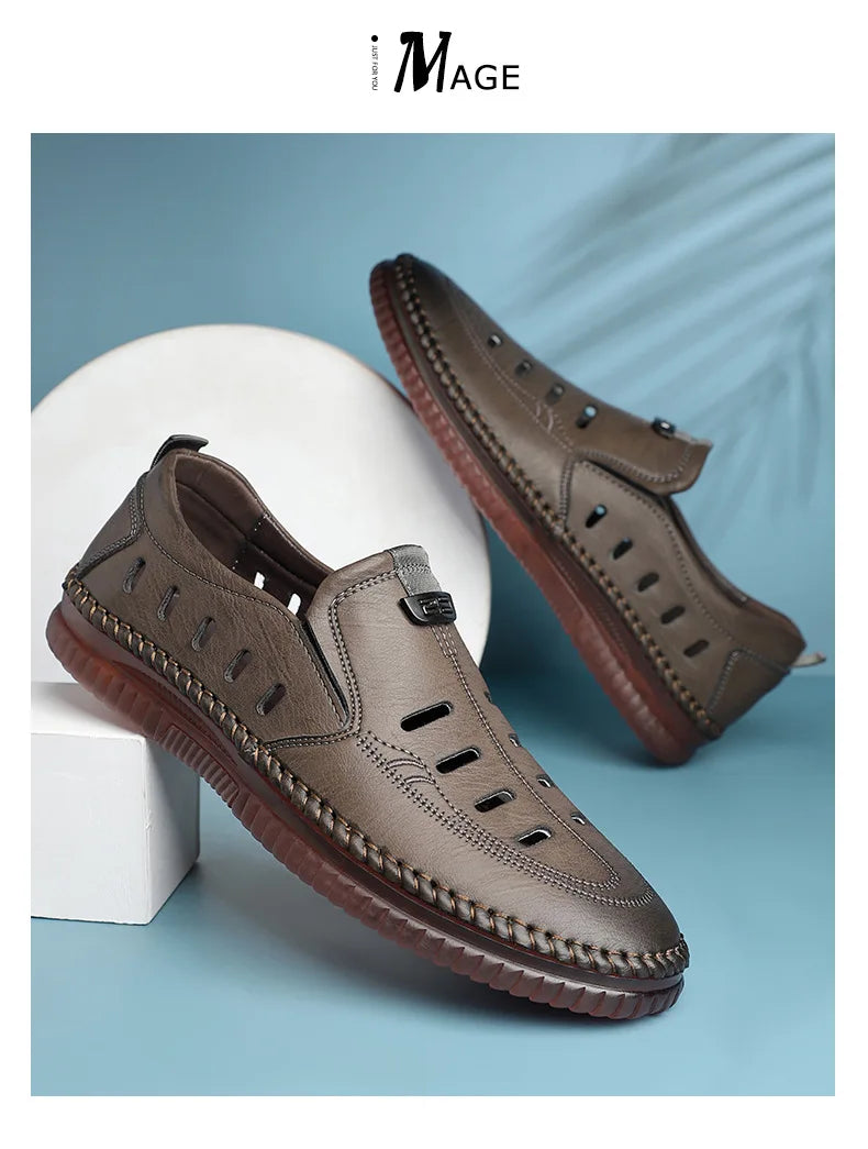 Solid Color Business Casual Shoes for Men Breathable Hallow Leather Sandals Male New Designer Fashion Summer Shoes Man