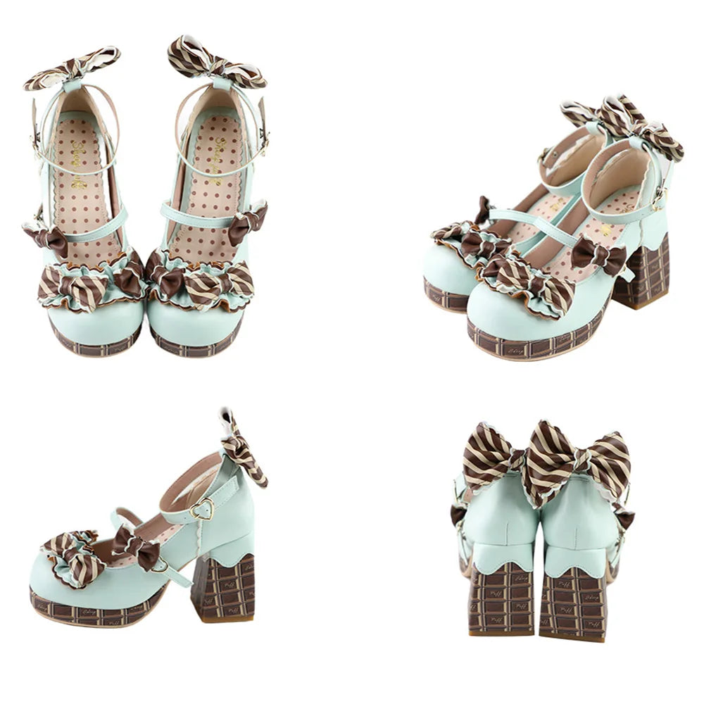 Lovely Girls Lolita High Heels Platform Shoes ,Young Women Students Sweet Chocolate Candy Bowknots Ankle Strap Mary Janes
