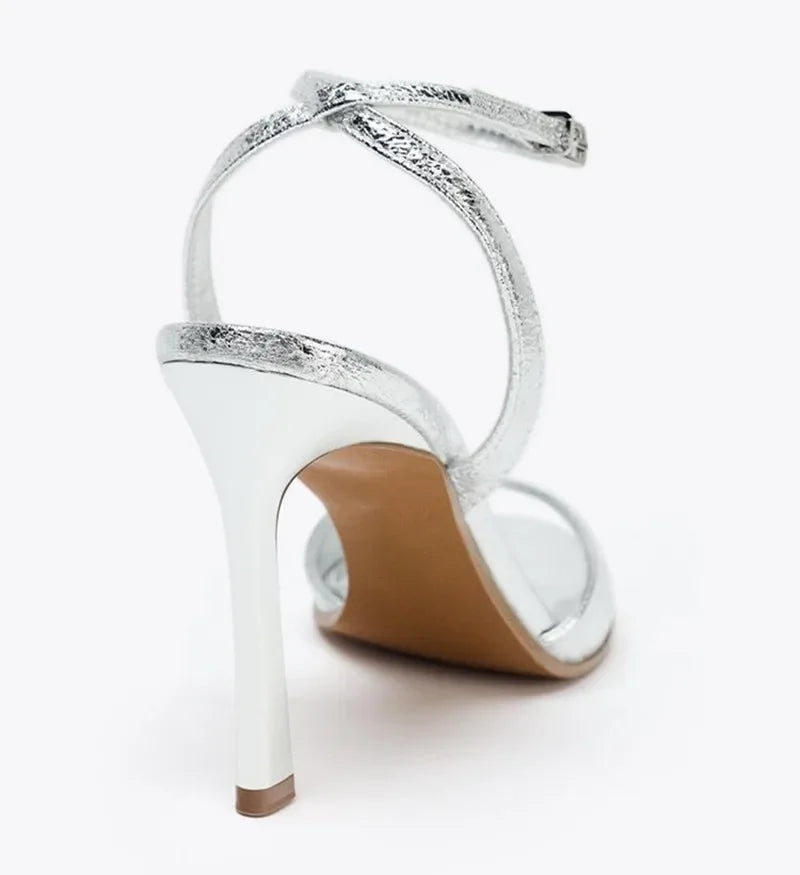 Silver Patent Leather Ankle Buckle Heeled Sandals Women Elegant Square Toe Open Toe High Heels Summer Sexy Party Dress Shoes