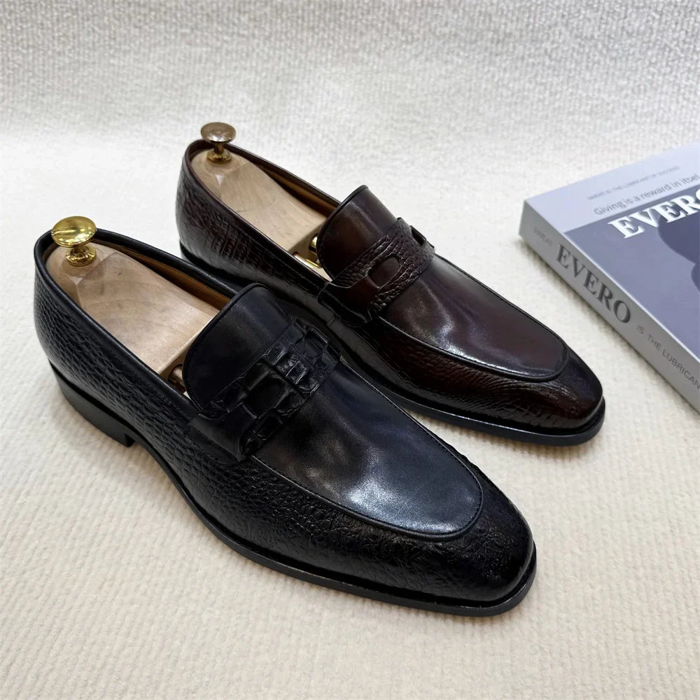 Luxury Men's Genuine Leather Dress Shoes Crocodile Print Wedding Loafers Double Buckle Business Office Formal Slip-On Shoes