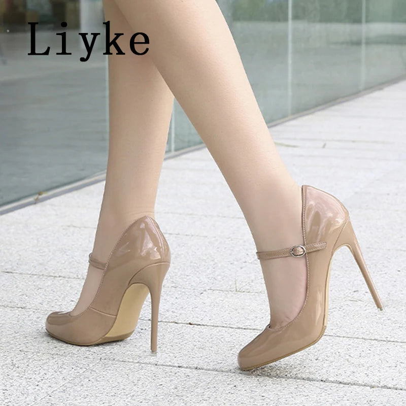 Liyke Big Size 44 45 46 Patent Leather Stiletto High Heels For Ladies Party Prom Shoe Fashion Round Toe Buckle Strap Women Pumps