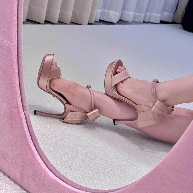 French Waterproof Table Champagne Colored Bow Heels Women'S Stiletto Lolita Ballet Party One-Line Buckled Sandals