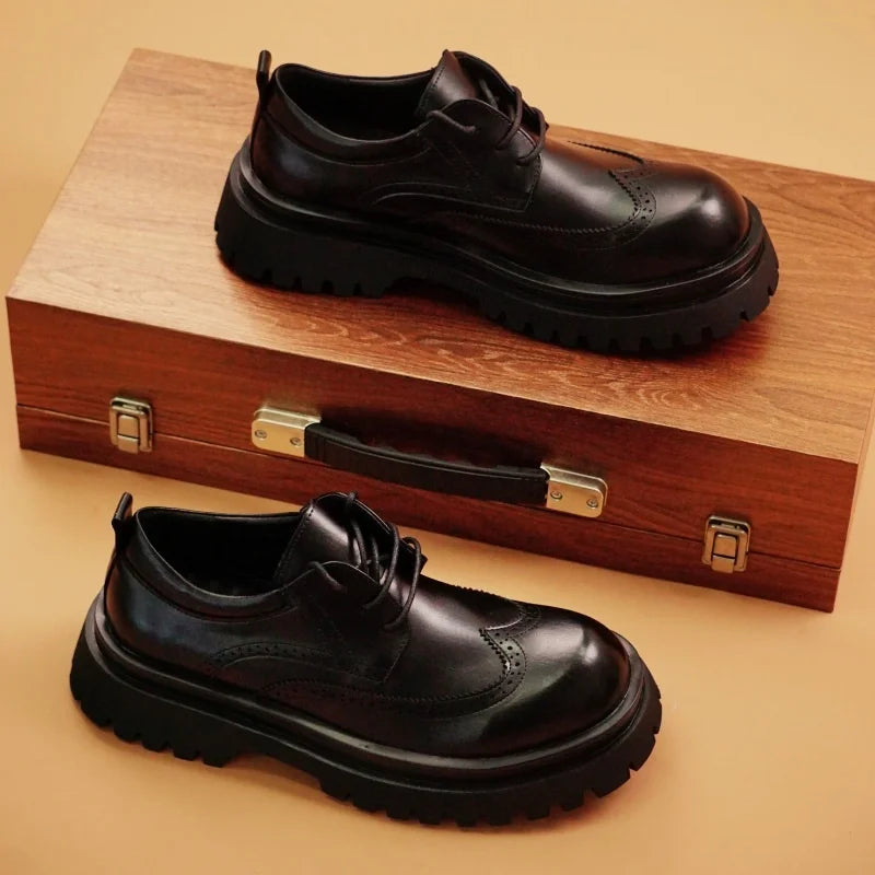 British Style Men's Block Shoes Thick Soled Durable for Office Interviews Formal Shoes Retro Brown Men's Shiny Leather Shoes3846