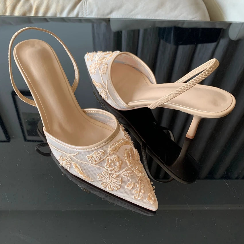 Brand Designer White Women Pumps Mesh Embroidered Flowers Back Strap Sexy Slingback High Heels Dress Wedding Shoes for Ladies