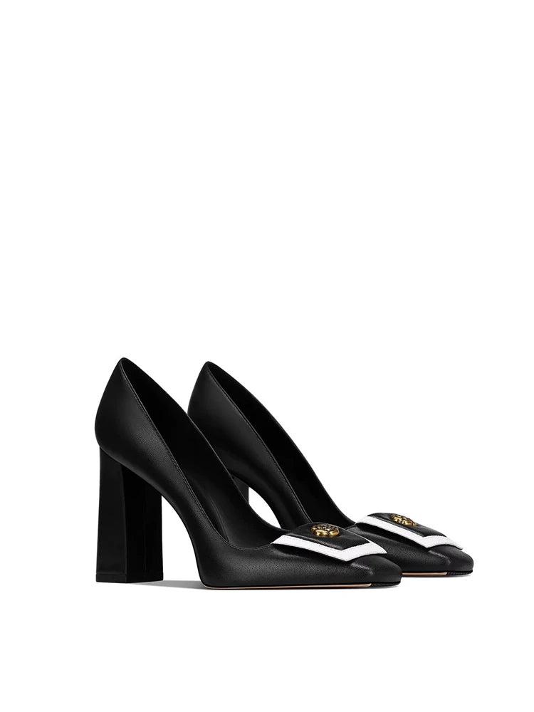 Spring new square toe shallow metal rose square heel shoes banquet dress large size small size thick high heeled women's shoes