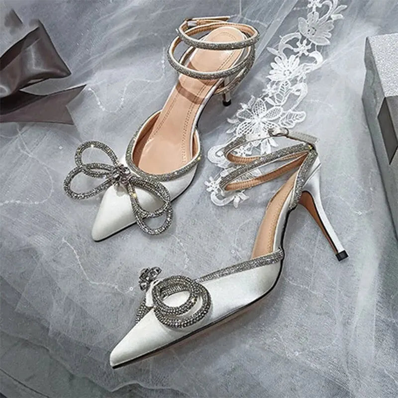 2025 New Fashion Glitter Rhinestones Women Pumps Crystal Bowknot Silk Pointed Toe Buckle Strap Thin High Heels Party Prom Shoes