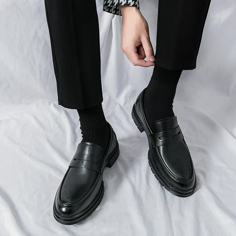 Spring Luxury Thick soled Casual Shoes Men's Black Penny loafers men Brown Business Office Dress Shoes for Mentênis masculino