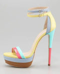 Yellow Blue Pink Mixed Color Leather Open Toe Platform Cover Heel Summer Sandals Women Stiletto Heel Ankle Buckle Party Shoes