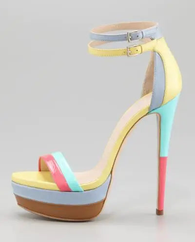 Yellow Blue Pink Mixed Color Leather Open Toe Platform Cover Heel Summer Sandals Women Stiletto Heel Ankle Buckle Party Shoes