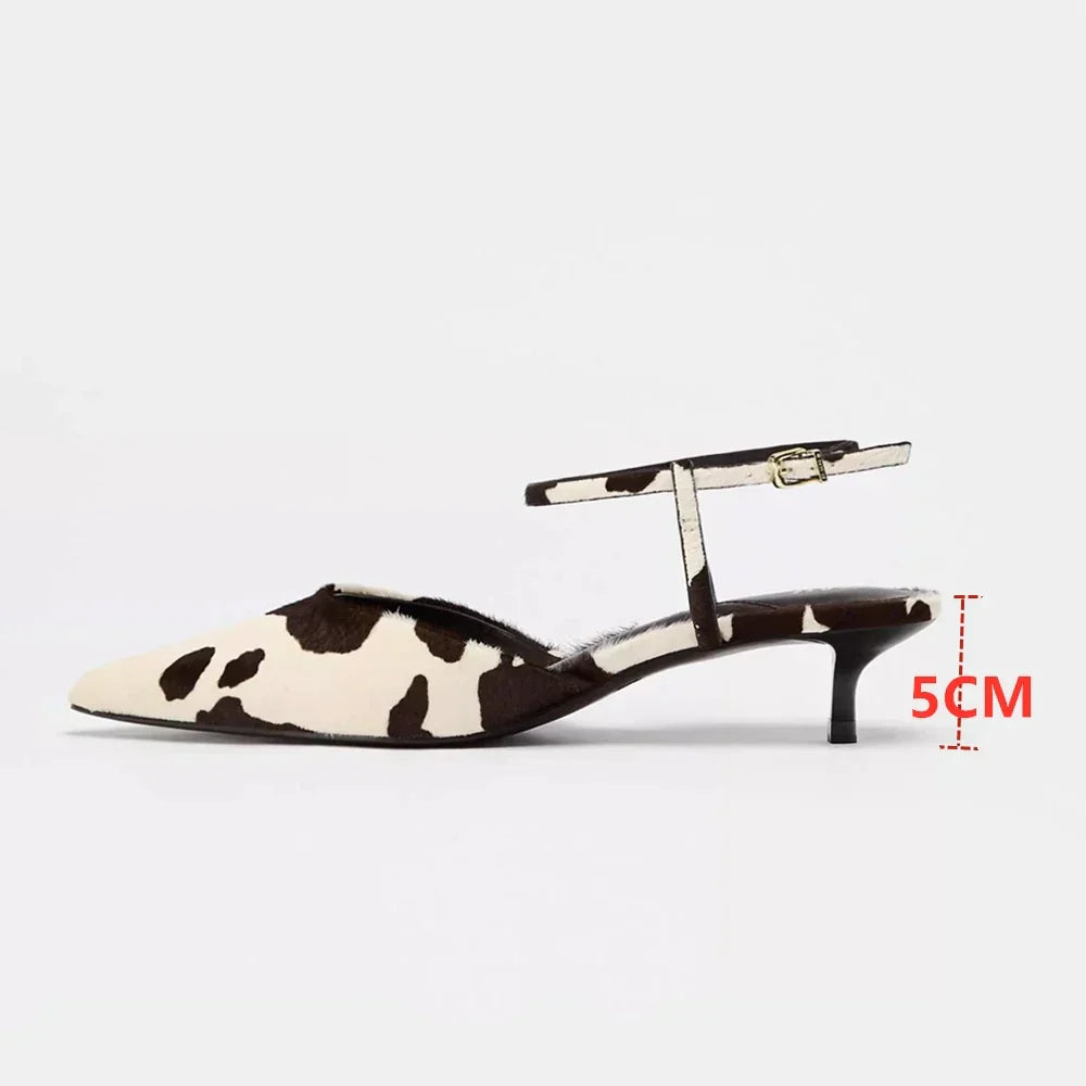 Summer Sandals Women Genuine Leather Women Mid heels Horse Leather Leopard Print Large Size Pointed Toe Women Sandals