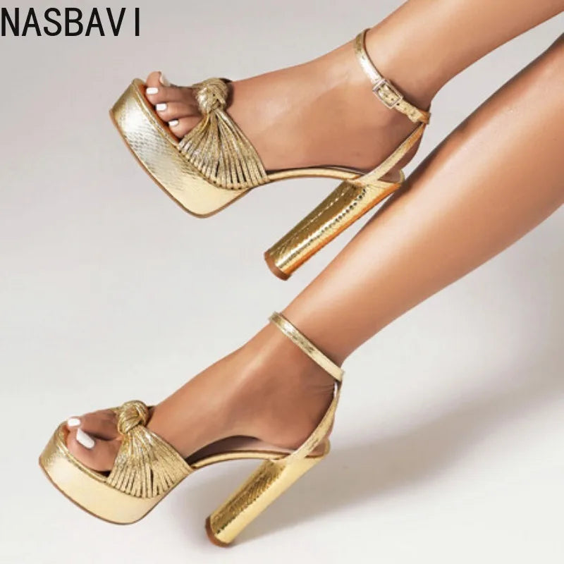 NASBAVI Womens Narrow Band Sandals Gold Platform Sandal 12cm Thick Sole High Heels Ladies Sandal Summer Gladiator Women Shoes 42