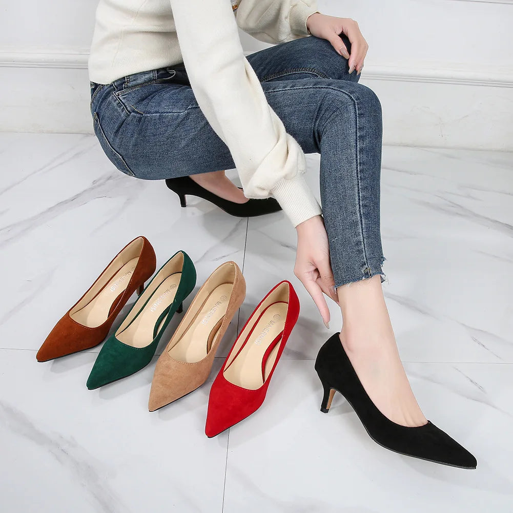 Low Heel Pumps Lady Pointed Toe Kitten Heels Female Green Flock Plus Size spring Red Shoes  Women 5cm High Heels