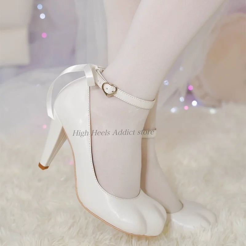 Women's Cat Paws leather High Heels black/pink/white Lolita 8.5cm pumps ankle straps party cute girl's Ballet Mary Jane shoes