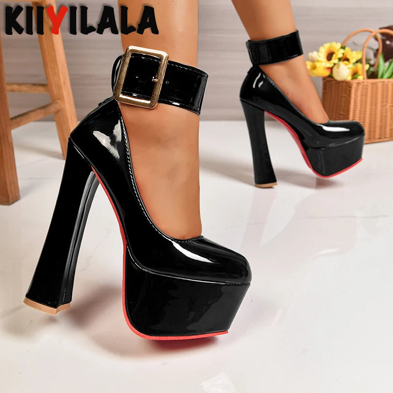 Women Fashion Platform Pumps 5.5cm Height 4cm Wide Gold Belt Buckle Strap Party Shoes 16.5cm Chunky Heels Dance Footwear Size 50