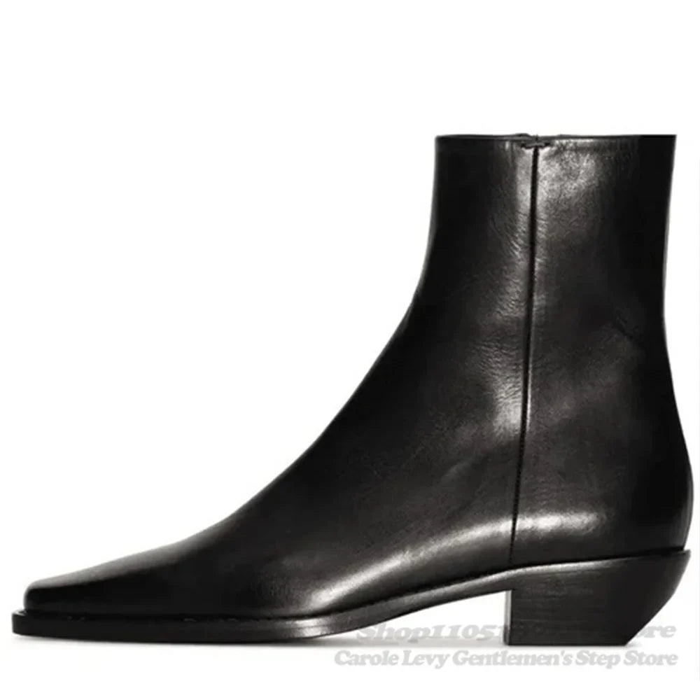 Wine Red Genuine Leather Mens Ankle Boot Pointed Toe Side Zipper Low Heel Handmade Solid Color Chelsea Boots Male Shoes