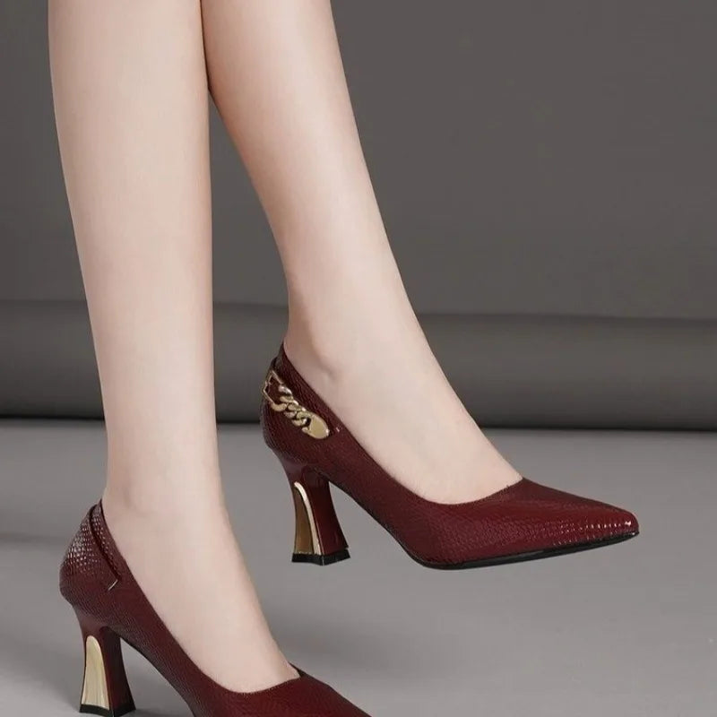 Basic Wine Snakeskin Leather Women Shoes Stiletto High Heels Pointy Toe Women Pumps Weddings Party Size 33-42 Shoes Woman
