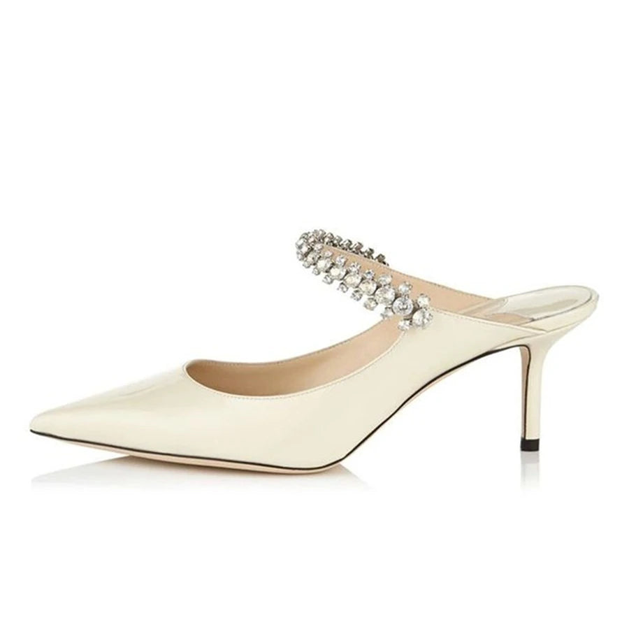 Elegant Leather Mules Pointed Toe Stylish Rhinestone Embellished High Heel Sandals Sophisticated Party Evening Shoes Footwear