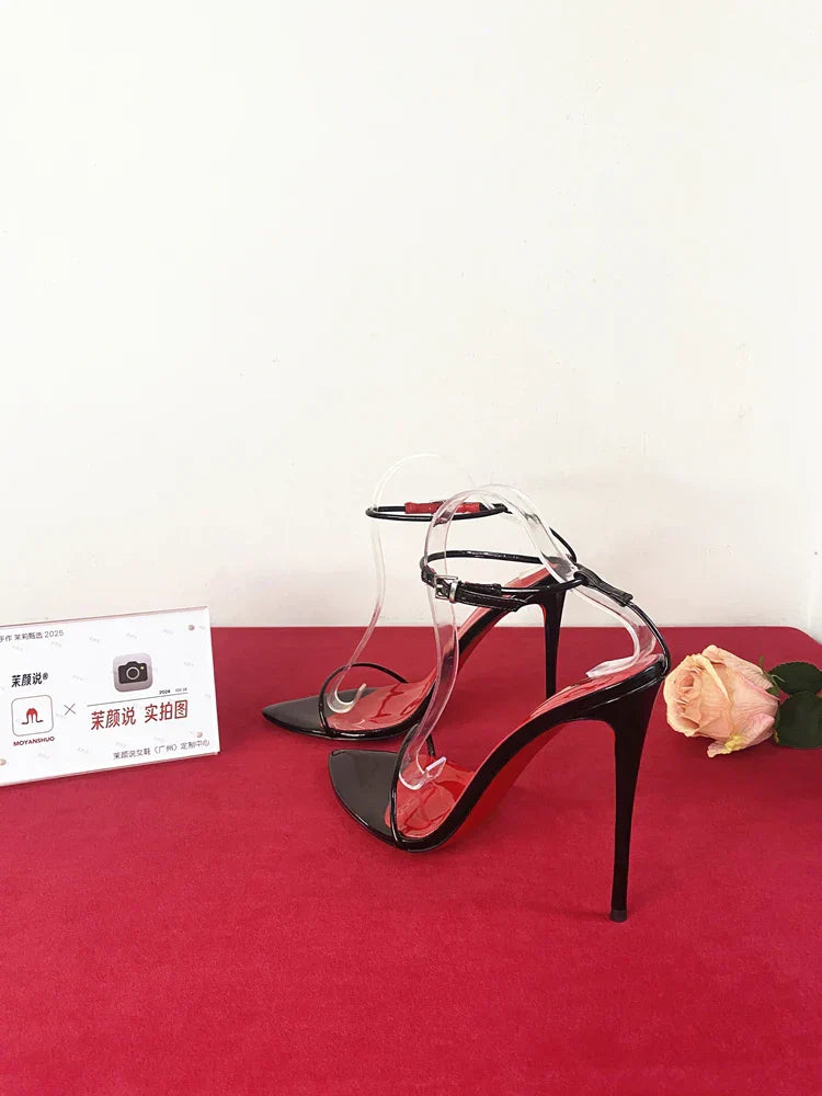 New 12cm minimalist ultra-fine straight strap high-heeled shoes with sexy lace up wristband, plus size slim heel bed sandals