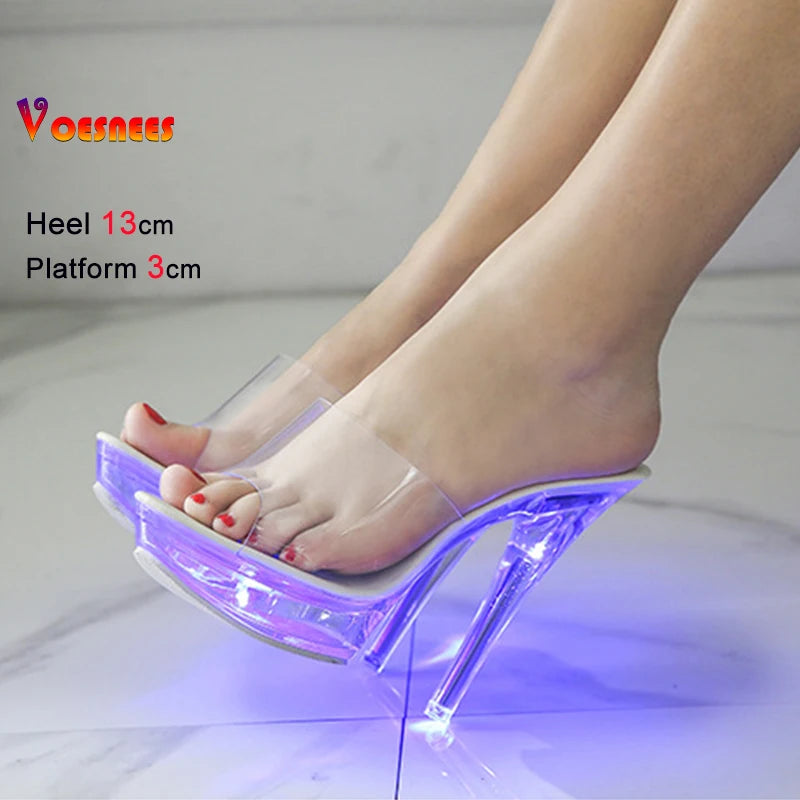 Summer Led Illuminated Women Slippers Super High Heel 13cm Crystal Ankle Buckle Sandals Transparent Platform Female Party Shoes