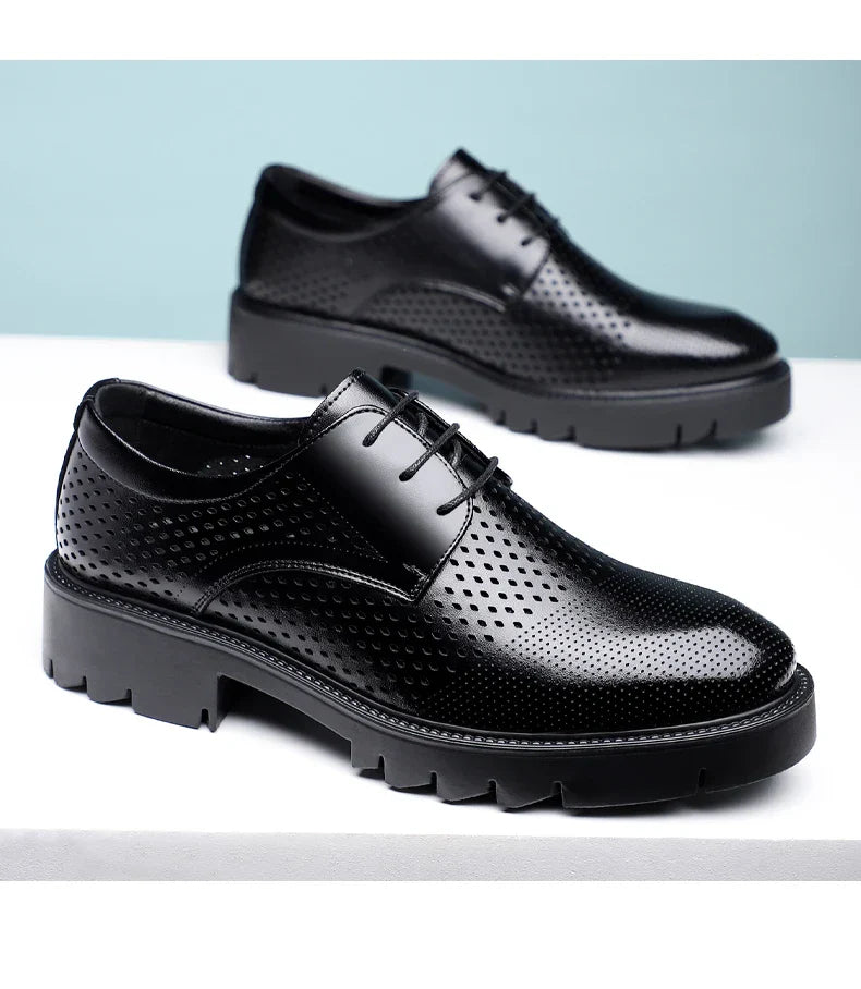 Summer Hollow Out Breathable Men Height Increasing Oxford Shoes 8/10CM Formal Business Dress Wedding Party Elevated Leather Shoe