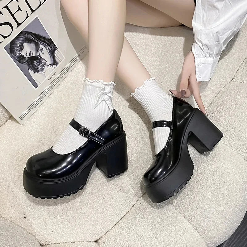 Black Super High Heels Mary Jane Shoes Women 2026 Goth Chunky Platform Pumps Woman Plus Size Ankle Buckle Party Lolita Shoes 42