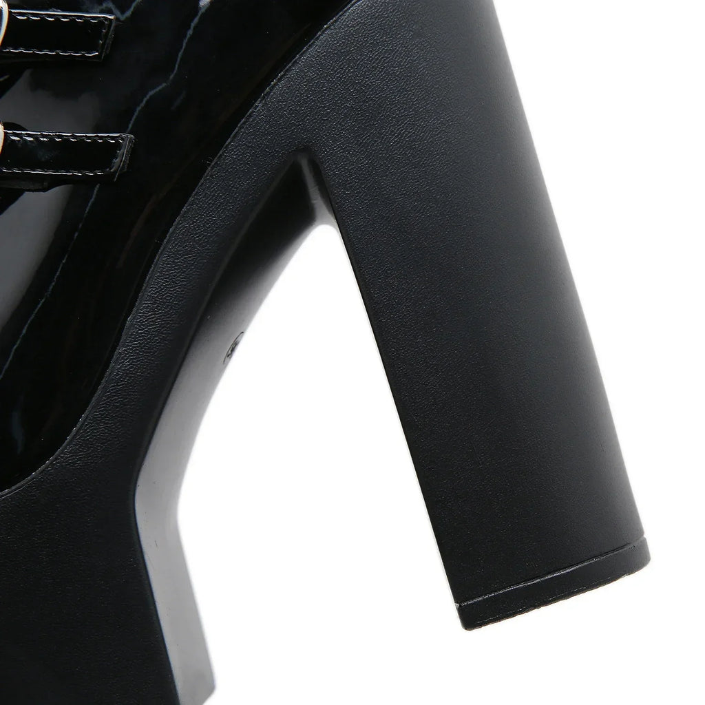 Block Heels Pumps for Women Fashion Multi Buckle Strap Heart Design Dress Shoes Side Zipper High Heels Mary Jane Shoes